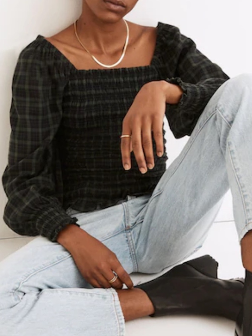 Madewell 100% Cotton Lucie Bubble-Sleeve Smocked Top in Plaid Forest Size Medium